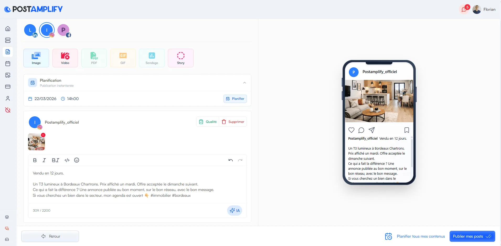 Composition d'un post compte par compte dans PostAmplify, avec aperçu du rendu Instagram